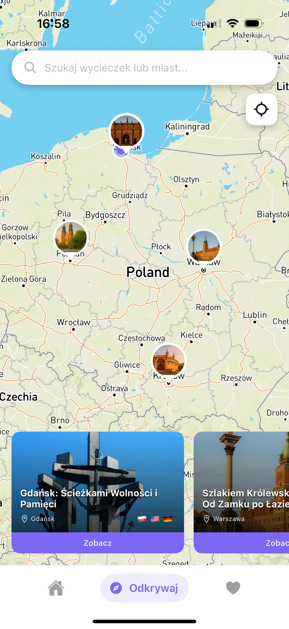 Widok mapy z dostępnymi wycieczkami w aplikacji iTour