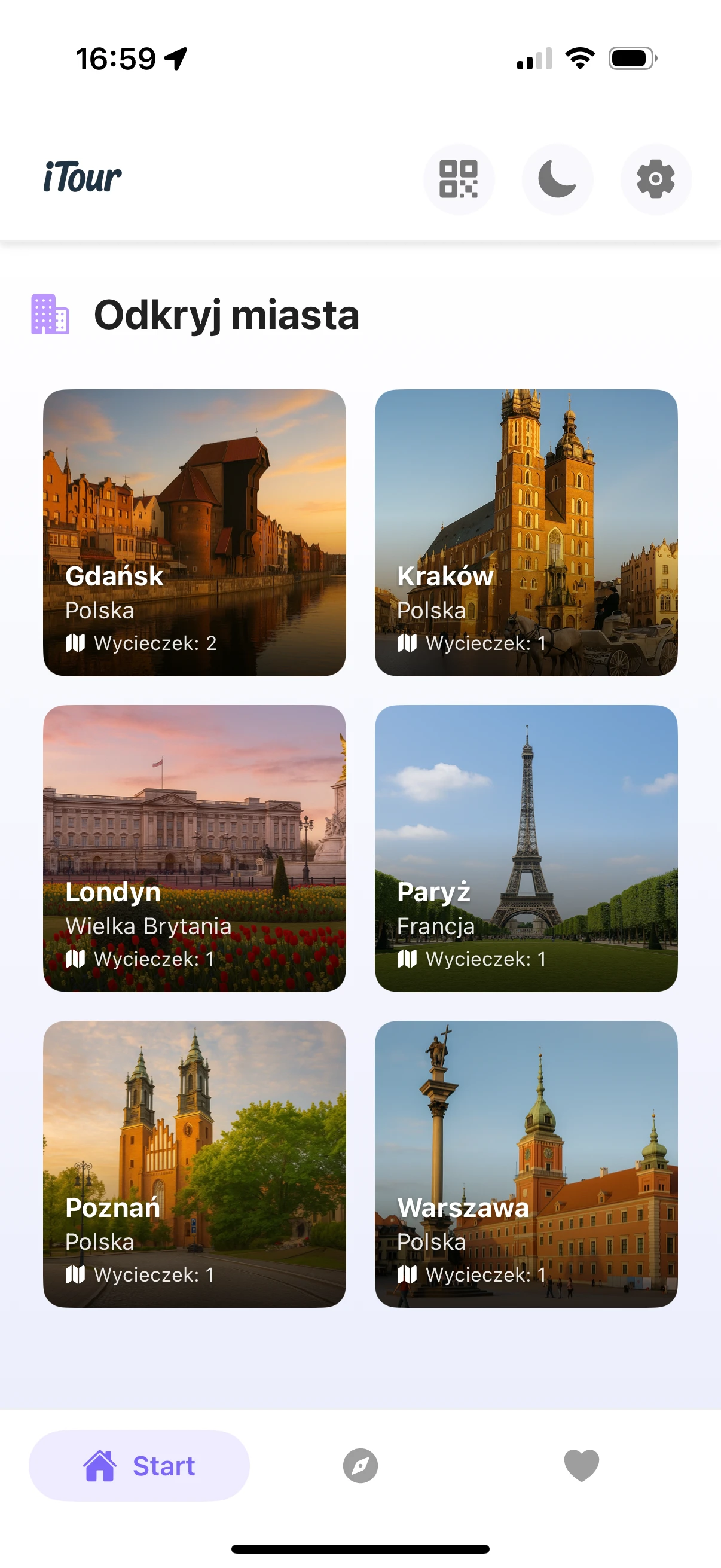 Lista dostępnych miast w aplikacji iTour