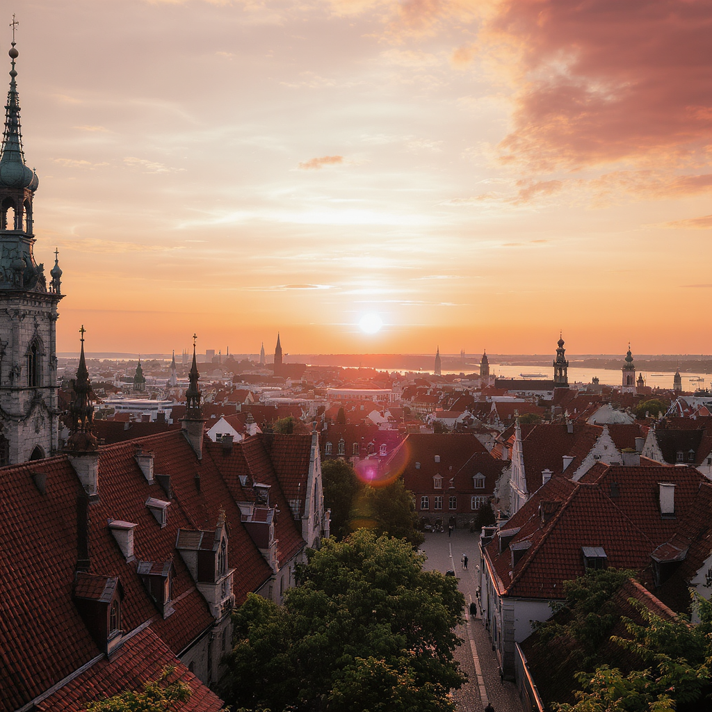 Panorama Gdańska z Góry Gradowej o zachodzie słońca