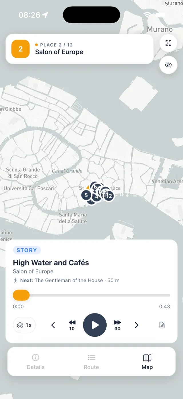 Story player on the map of an ongoing tour