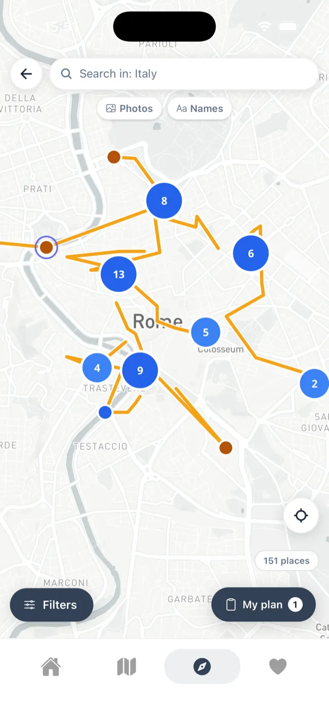 Explore map with a tour route in Rome